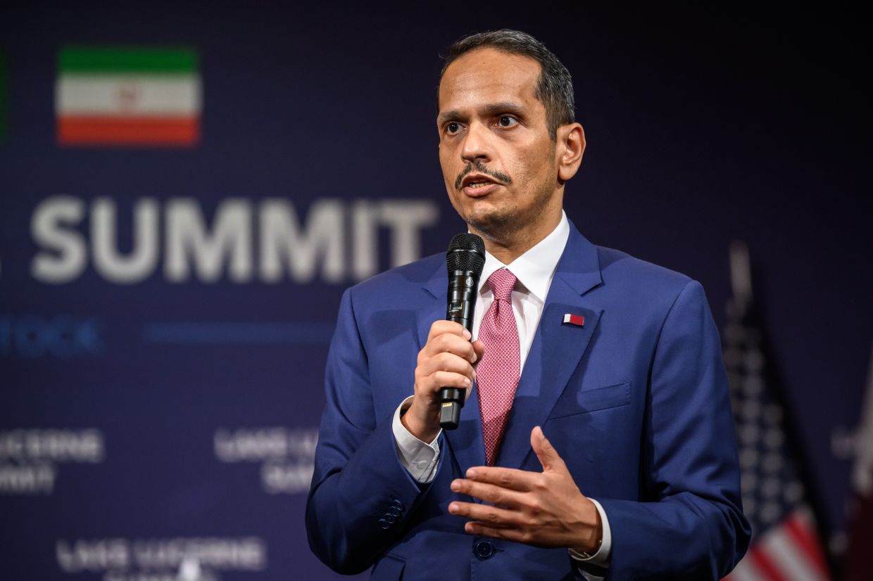 Qatar's Prime Minister Sheikh Mohammed bin Abdulrahman bin Jassim al-Thani speaks before a quadrilateral meeting between the United States, Iran, Pakistan and Qatar at the Burgenstock luxury hotel complex overlooking Lake Lucerne, Switzerland, on Sunday, June 21, 2026. - Photo: Fabrice Coffrini/Keystone via AP