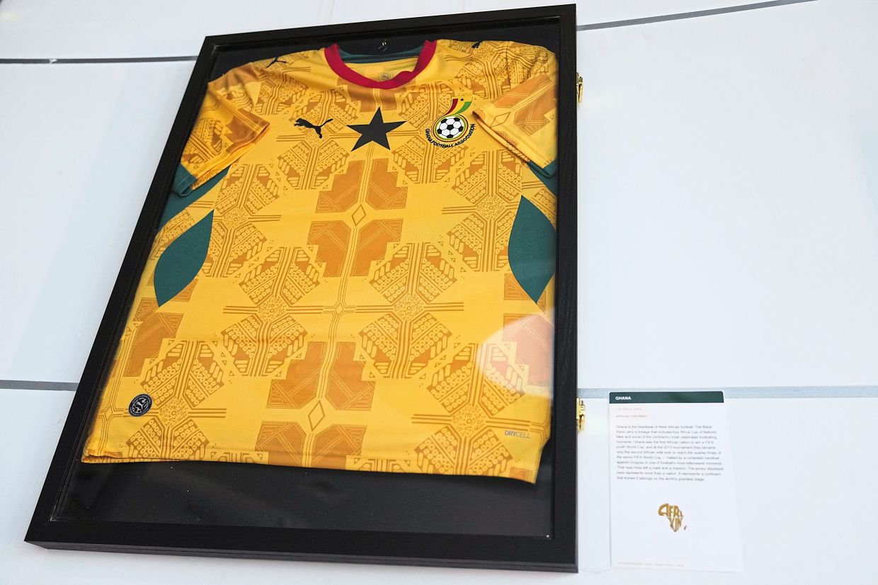 A Ghana football jersey is displayed at the exhibition. Photo: AP