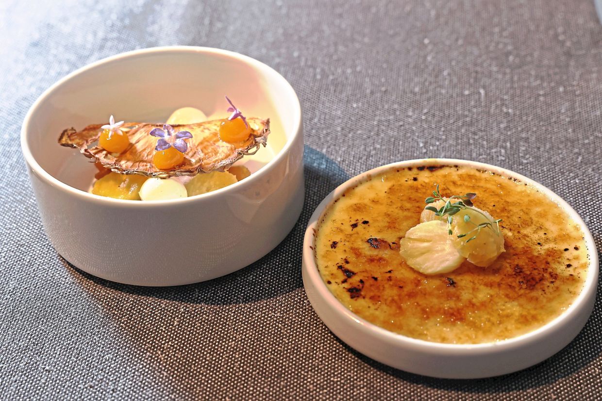 Pineapple brulee, rosemary and lime (right) with a side of dehydrated pineapple and coconut.