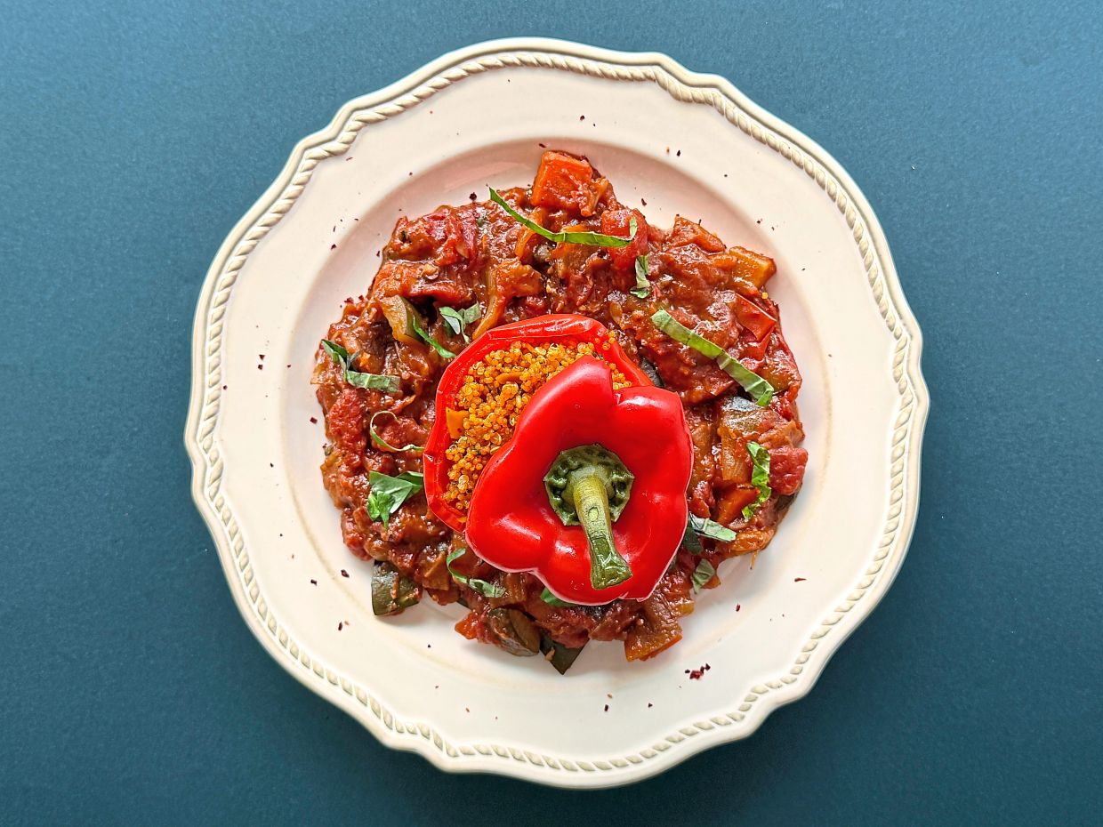 The roast capsicum caponata makes for a soulful, satiating vegetarian meal.