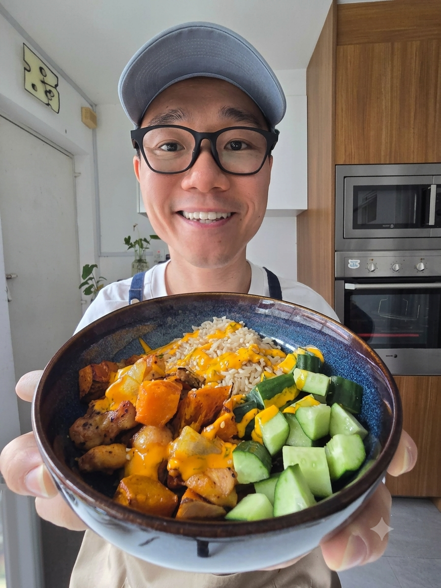 Thye and his creation, brown rice bowl with creamy red palm oil dressing. (Photo courtesy of Georgen Thye)