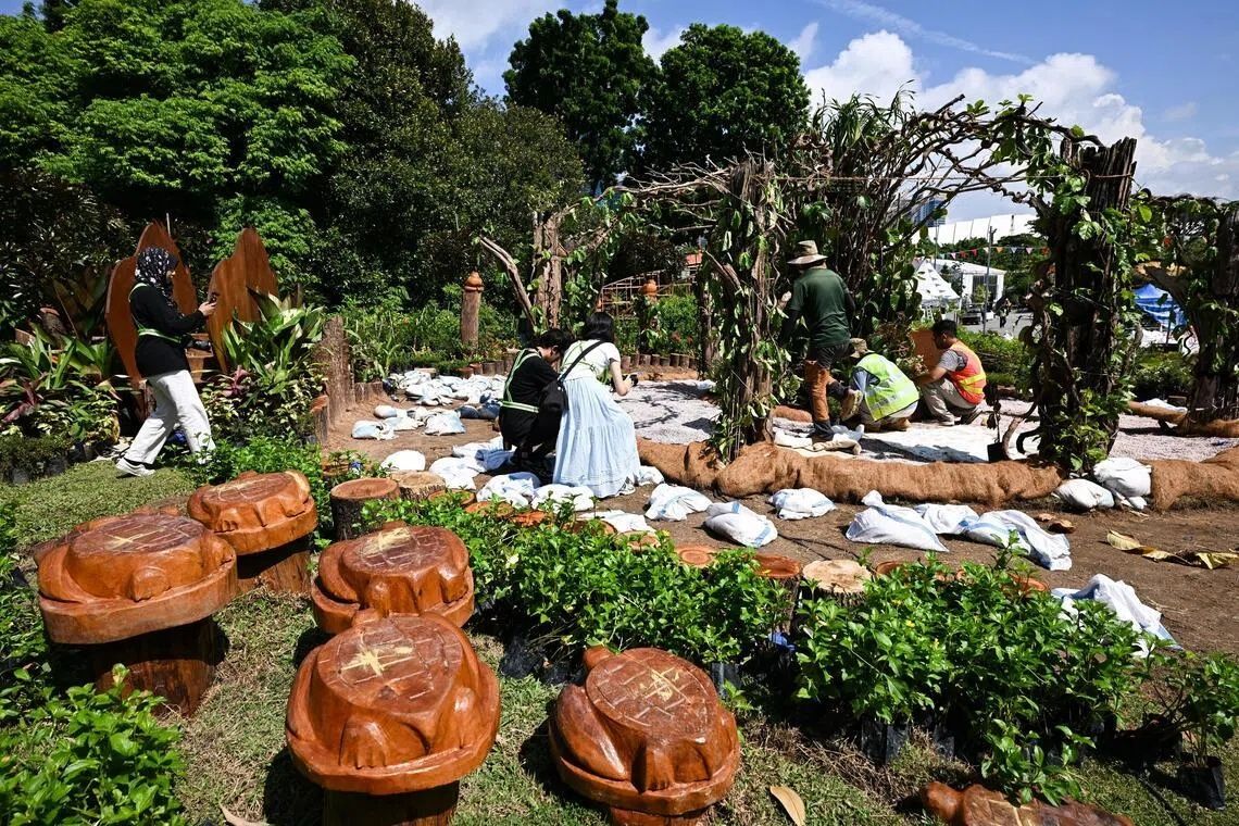 Log play elements at Nature’s Carousel Play Garden are designed to resemble Singapore’s native animals from sea turtles, owls and hornbills to pangolins. - Photo: ST