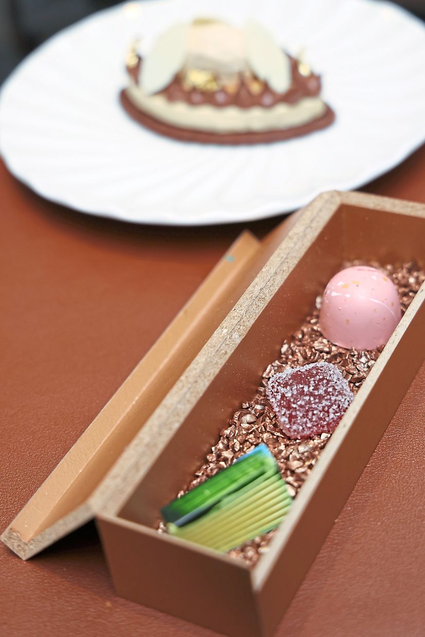 Above: A chocolate and peanut butter creation (top) and trio of chocolates and confections.