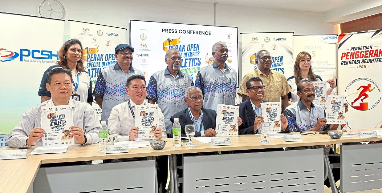 Mohd Odzman (seated, centre) at the press conference on the Perak Open Special Olympics Athletics Championship 2026. With him are (seated, from left) Chan, Dr Khoo, Shanker and Dr Jeyaratnam.
