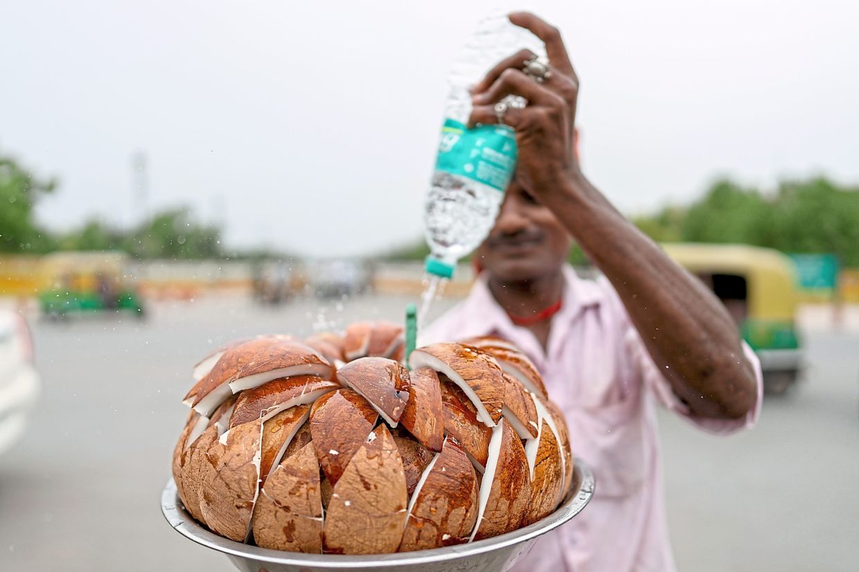 A vendor re-moistening slices of coconut he is selling along a road in New Delhi, on May 29. — Anindito Mukherjee/The New York Times
