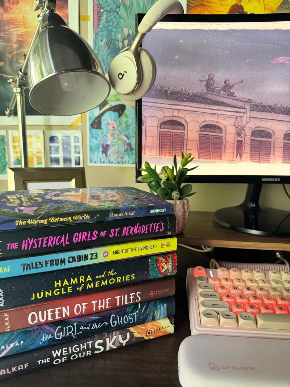 Hanna fondly shares a photo featuring all the fiction books she’s published so far. — Hanna Alkaf/Threads