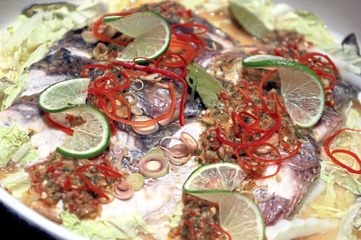 The light and freah Pla Kapong Neung Manaw or Steamed Seabass Fish Fillet with lemongrass.
