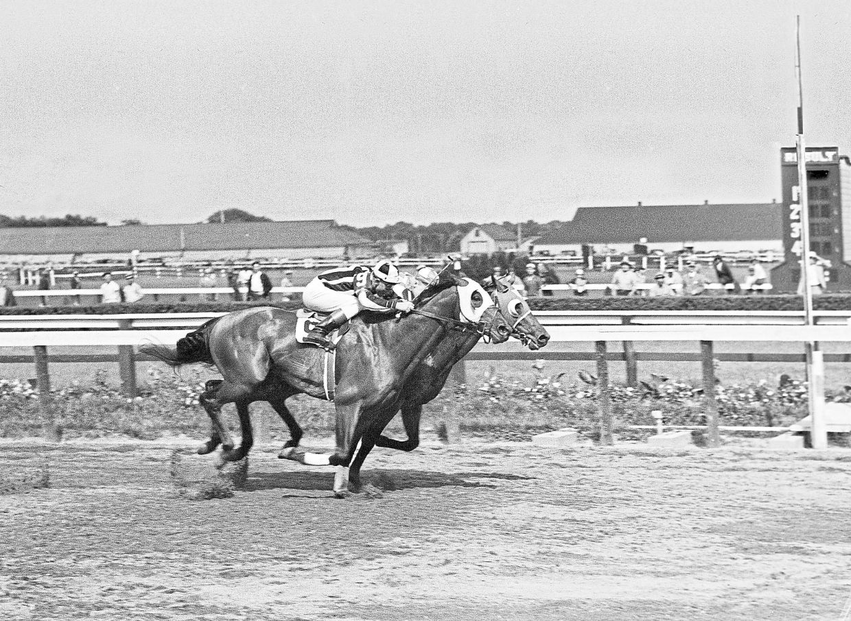 A file picture of Seabiscuit leading the race by a nose at the racetrack on June 26, 1937.