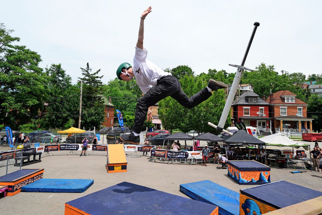 Extreme pogo athlete Duncan Murray of Ottawa, Canada, bails out of a trick during the Big Air competition at Pogopalooza 2026.