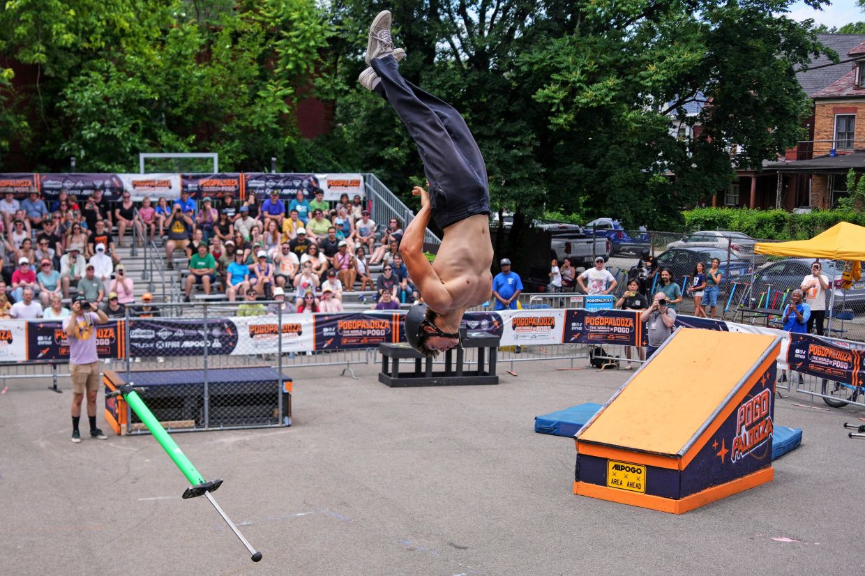 Extreme pogo athlete Connor Poe, 18, does a back-flip dismount during the Big Air competition during Pogopalooza 2026.