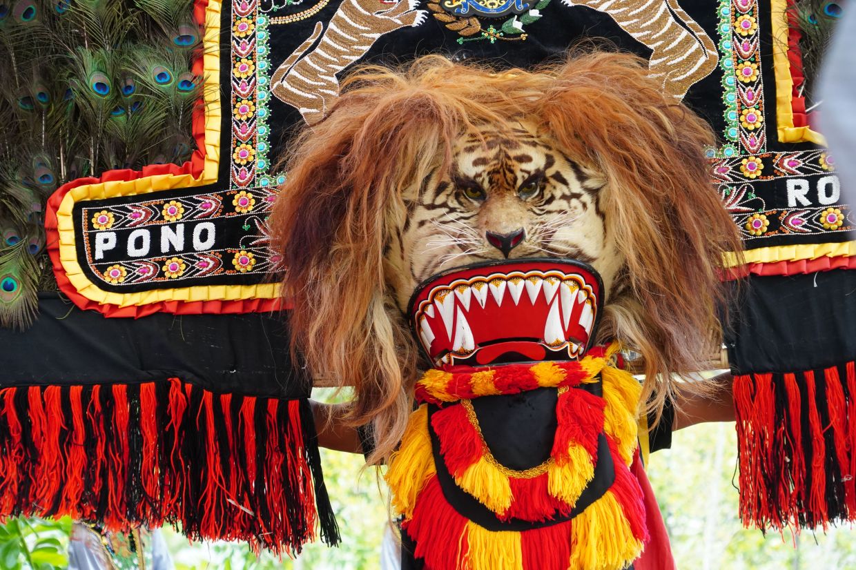 The Seni Reog performance centres on the striking Singa Barong mask, with its lion’s head and sweeping crown of peacock feathers forming a powerful visual presence. Photo: Pusaka