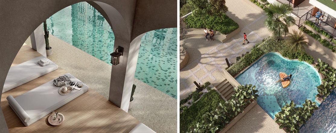 An artist’s impression of the Lounger by the Pool (left) and the Wellness Jacuzzi (right), designed as resort-inspired spaces for relaxation and wellness, surrounded by landscaped greenery and tranquil water features.