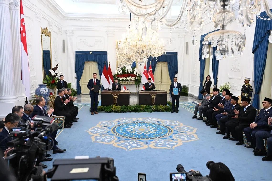 Singapore Prime Minister Lawrence Wong and Indonesian President Prabowo Subianto at a joint press conference during the annual Singapore-Indonesia Leaders’ Retreat in Jakarta on July 6. -- ST PHOTO: AZMI ATHNI