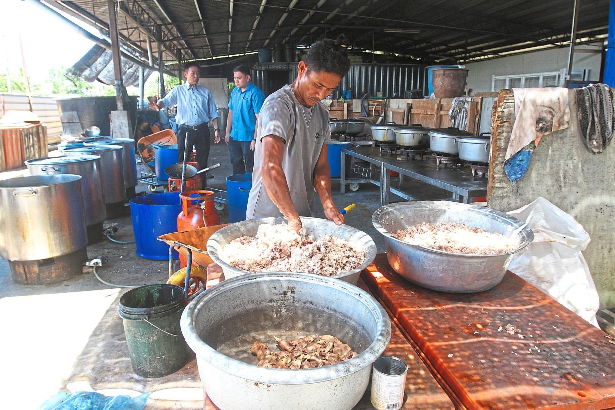 A volunteer preparing dog food at the Juru SPCA shelter.