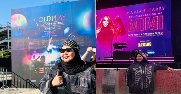 Music on the go: Norazian during her travels last year for Coldplay’s “Music of the Spheres World Tour” concert in Seoul (left) and Mariah Carey’s “The Celebration of Mimi” concert in Indonesia (right).