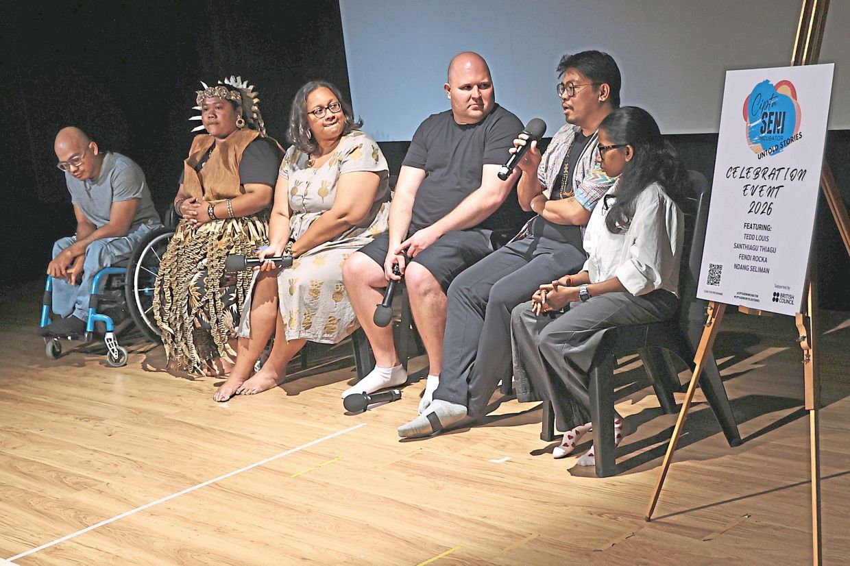 A dialogue session at the Cipta Seni Incubator 2026 event featuring (from left) Fendi, Ndang, Sharmilla, Curteis, Louis and Santhiagu. Photo: The Star/Azman Ghani