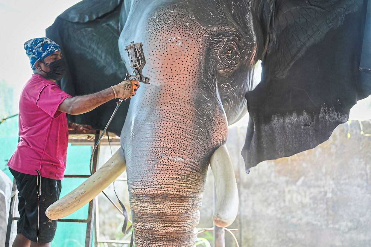 Finishing touches: A worker spraying paint on a robotic elephant at a backyard workshop in Chalakudy, Kerala. — AP