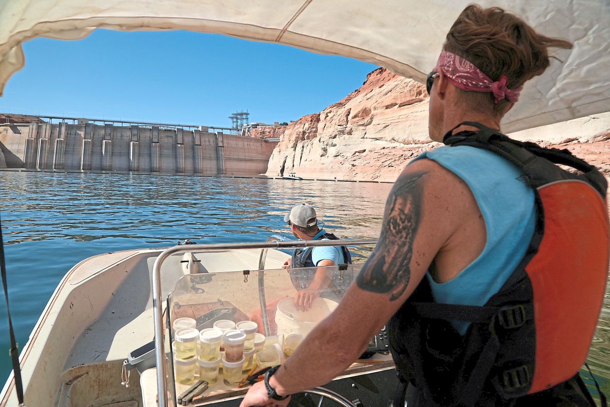 A file photo shows Utah State University master's student Barrett Friesen steering a boat near Glen Canyon dam on Lake Powell.