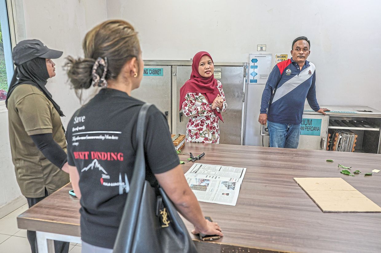 Syazwani (second from right) talking with FoBD members about plant samples taken from Bukit Dinding.