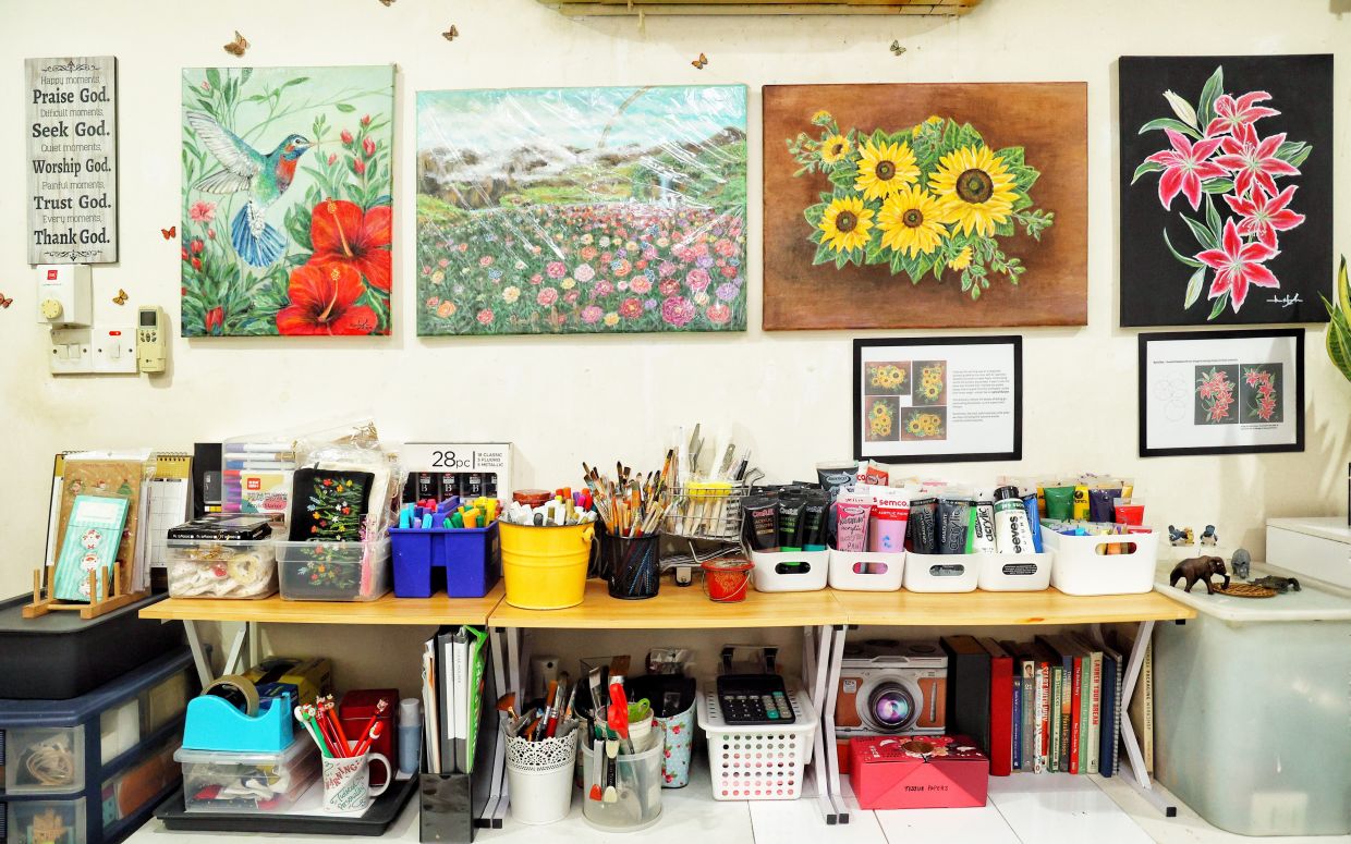 Some of Chin’s artworks displayed at her home studio in Petaling Jaya.