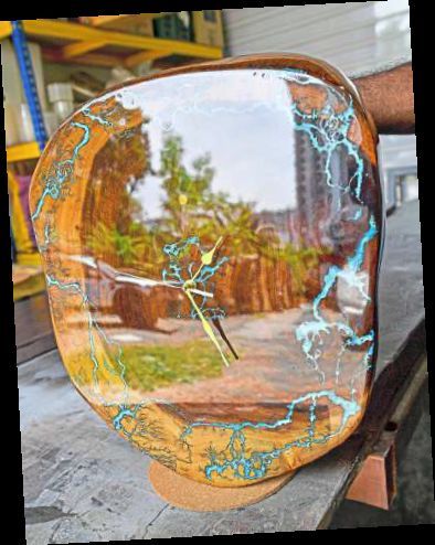 One of Adrian’s handcrafted wooden clocks.