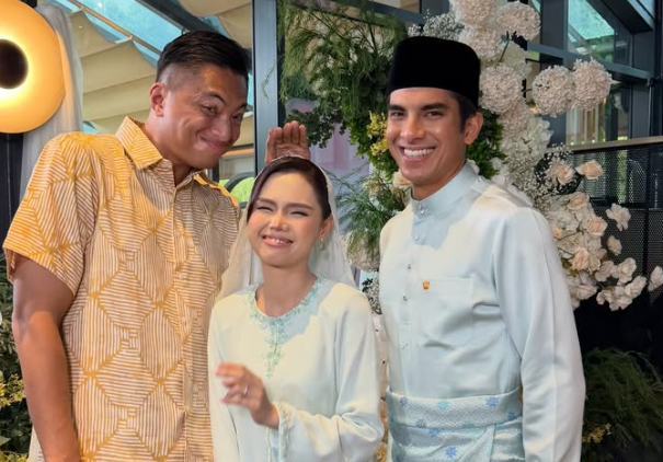Space Dollah (left) with Bella Astillah and Syed Saddiq during the couple's engagement. Photo: Space Dollah/Instagram