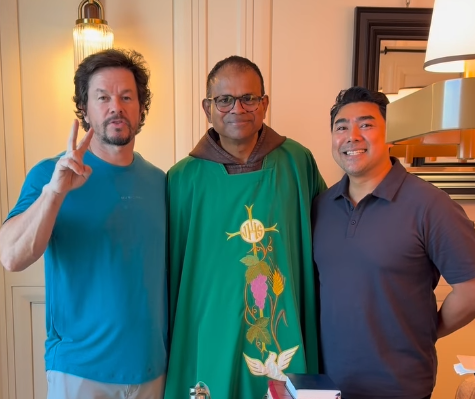 The actor shared a personal moment from his trip on Instagram after meeting Rev Fr Michael Raymond, parish priest of the Church of Divine Mercy. Photo: Mark Wahlberg/Instagram