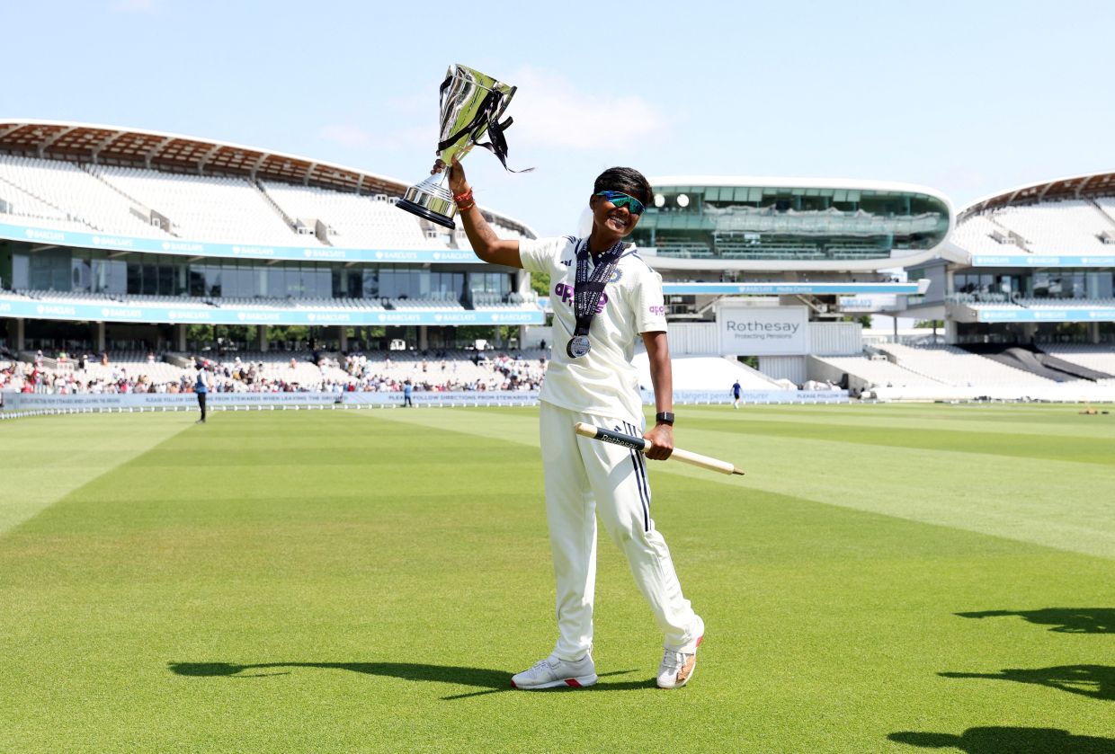 India's Kranti Gaud poses for a photograph with the trophy and celebrates winning the player of the one-off Test after the match against England at the Lord's Cricket Ground, London, Britain, on Monday, July 13, 2026. -- Photo: Action Images via Reuters/Cat Goryn