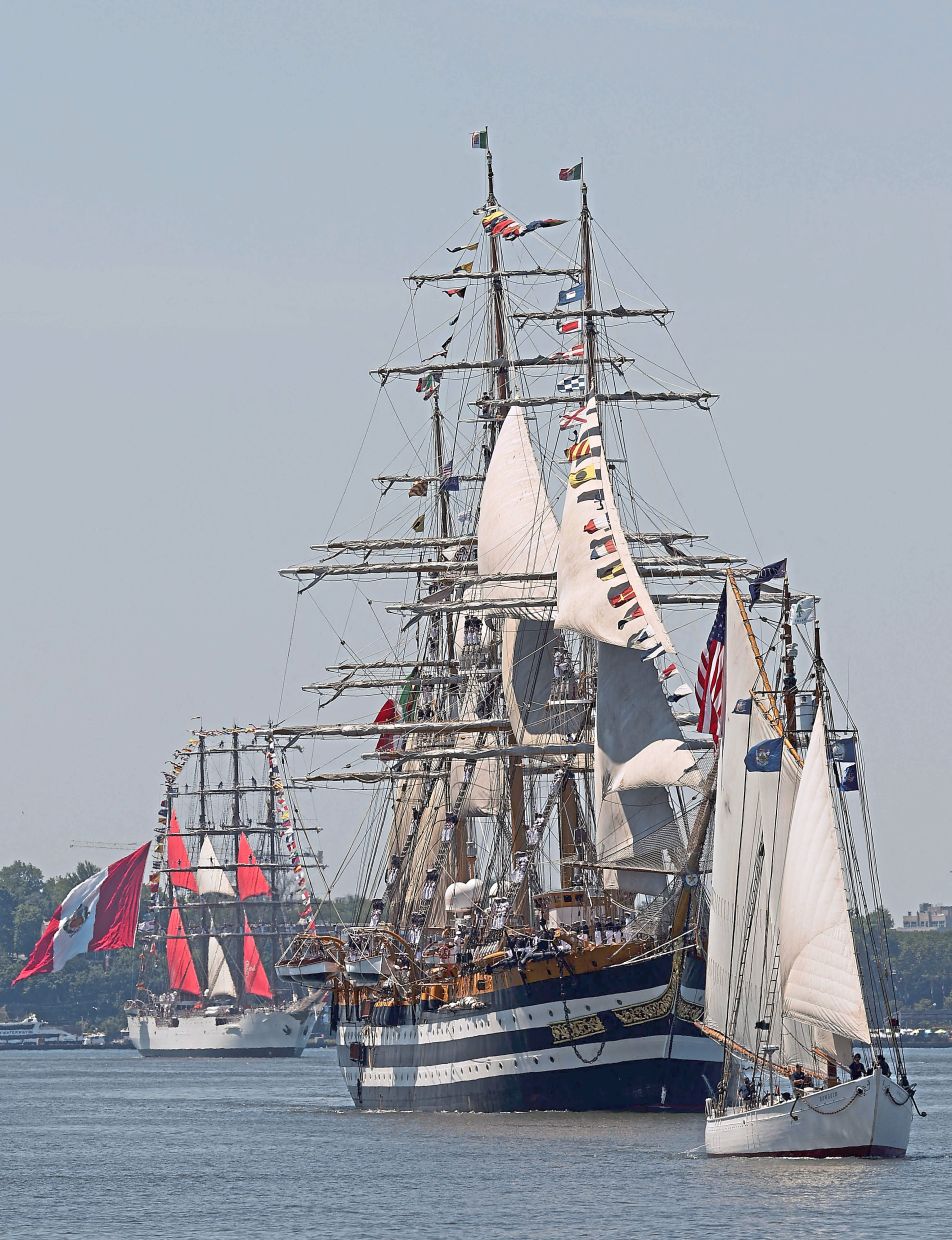 2. Peru’s ‘BAP Union’, Italy’s ‘Amerigo Vespucci’ and the United States’ ‘Bowdoin’ sail along the Hudson River during the Sail4th 250 Parade of Tall Ships in New York, marking America’s 250th birthday.
