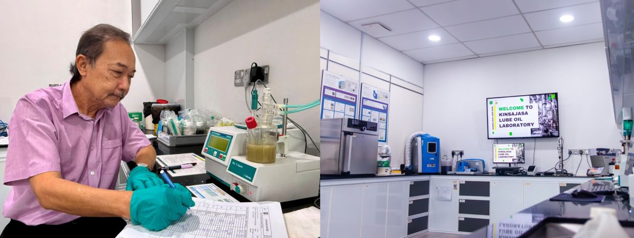 Abdul Karim (left) says that as part of its CBM services, Kinsajasa analyses lube oil samples from clients in its ISO-accredited lab in Miri (right).