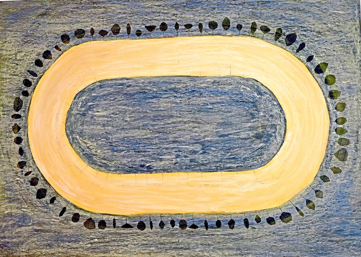 A work by Ilham titled 'A Tree At The Edge Of My Attention' (acrylic and oil pastel on wood panel, 2026). Photo: The Star/Kamarul Ariffin