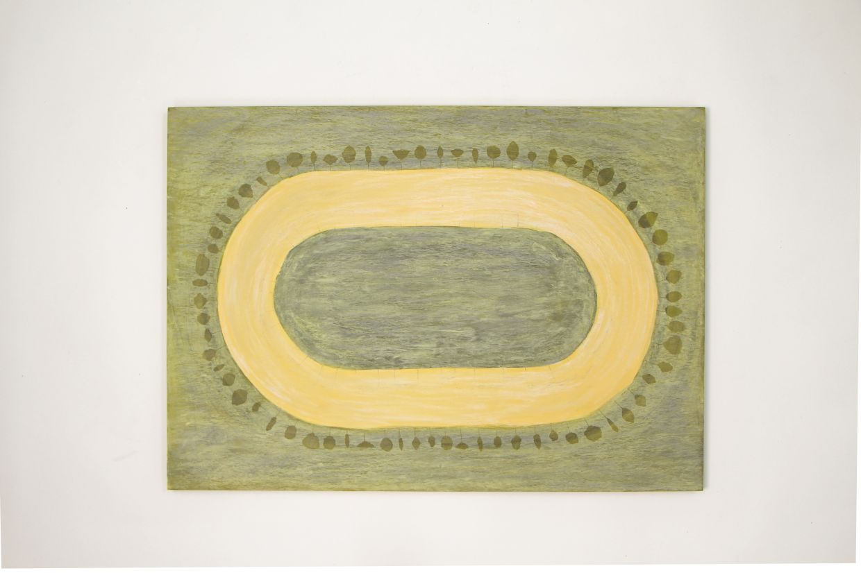 A work by Ilham titled 'A Tree At The Edge Of My Attention' (acrylic and oil pastel on wood panel, 2026). Photo: Ilham Alshahab