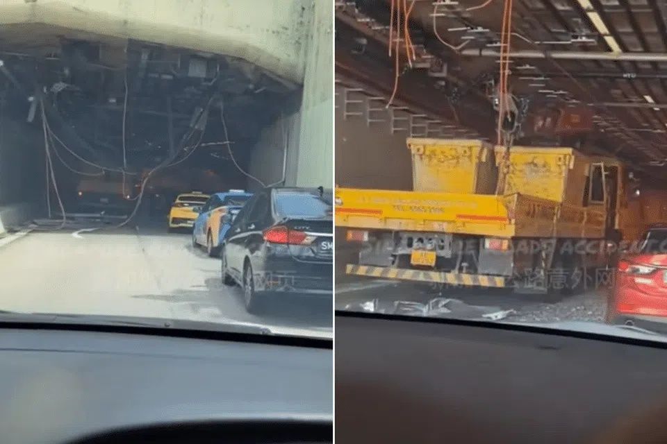 The raised crane boom struck one of the height restriction bars. Lai did not notice the impact and continued driving into the CTE tunnel entrance. - Photos: SCREENGRABS FROM SINGAPORE ROADS ACCIDENT.COM/FACEBOOK