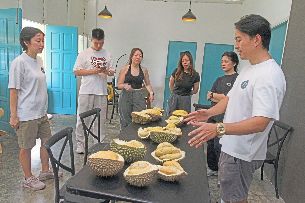 Lee (right) and Wong (left) laying out a ‘durian flight’ for guests to sample after the guided farm tour. 