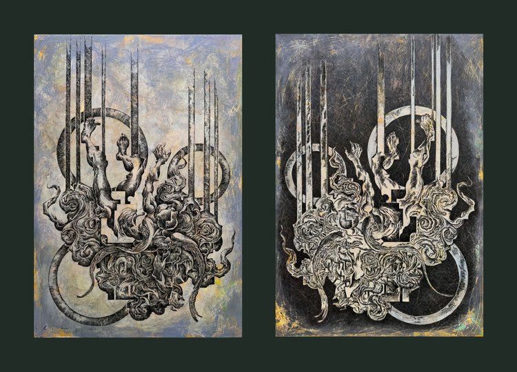 Rodriquez's new diptych work 'The Gravity Of Light' (pen and ink, acrylic on canvas, 2026). Photo: The Back Room