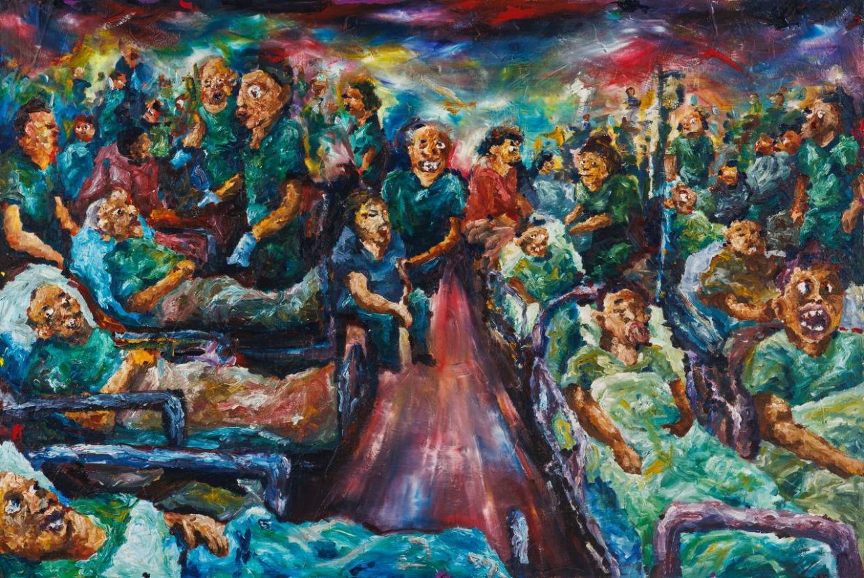 Hakeemi's 'Hospital Lima Bintang' (oil on canvas, 2025), a work from his 'Sarkas' exhibition in KL. Photo: Rissim Contemporary
