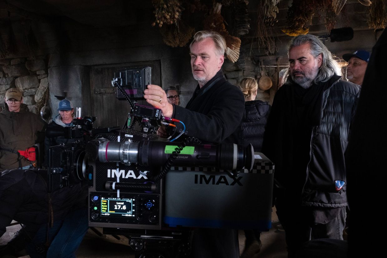 Christopher Nolan (centre) with cinematographer Hoyte van Hoytema on set of 'The Odyssey.'