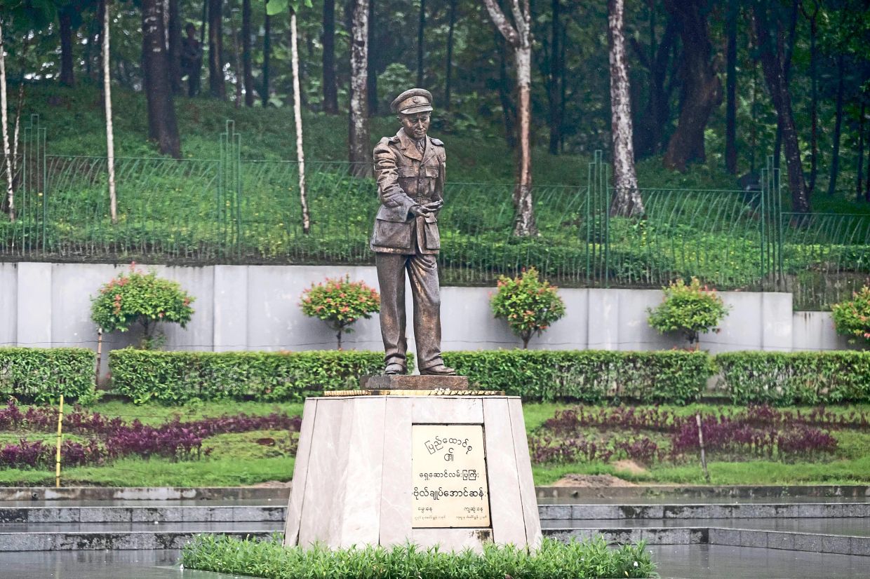 ‘They can never erase his image’: A statue of Aung San is seen at Bogyoke Aung San Park in Yangon.