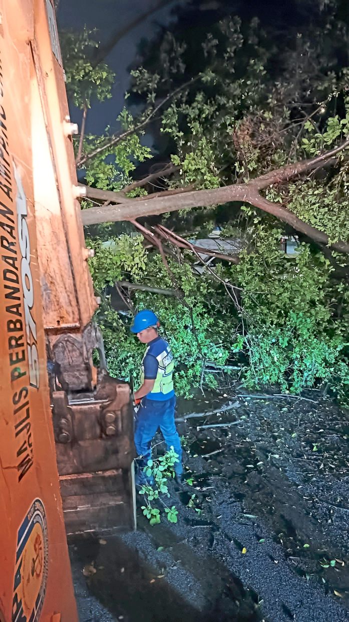 MPAJ personnel clearing a fallen tree in Ampang following a downpour on July 18. — Photo courtesy of MPAJ