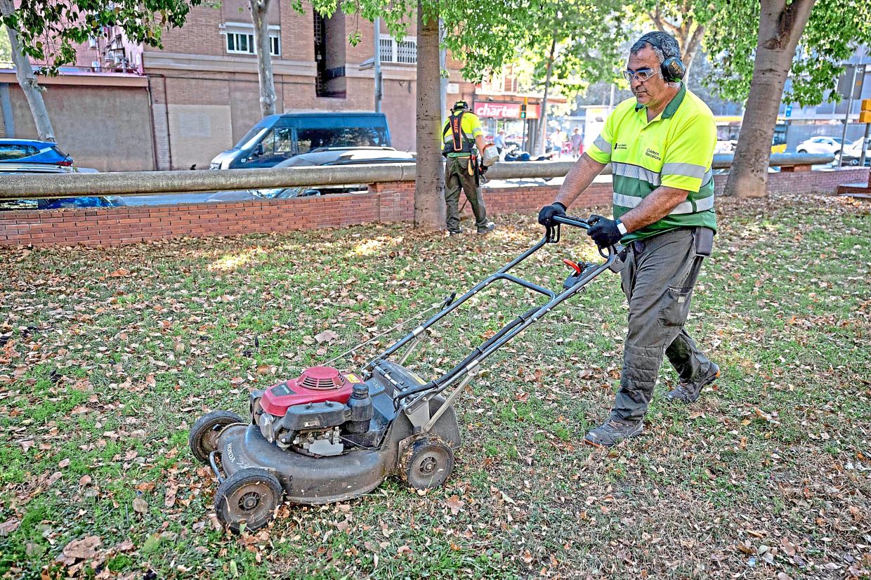 Reina mowing the grass while wearing a wristband containing a sensor that detects body temperature in Barcelona, on July 6.— AFP