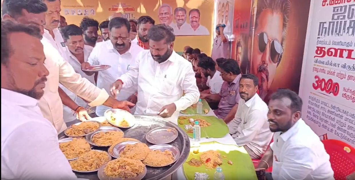 To mark the special occasion, minister Thennarasu arranged a meal for moviegoers, personally serving hot chicken biryani, laddus, raita and brinjal curry to fans who had gathered to watch the film.