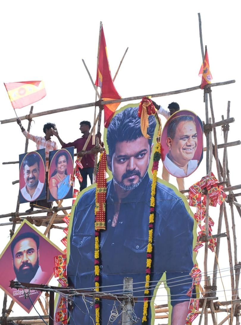 A huge garland adorns a poster of Vijay at a theatre in Ramanathapuram as fans turned up in large numbers to watch 'Jana Nayagan'. - Photo: L. Balachandar