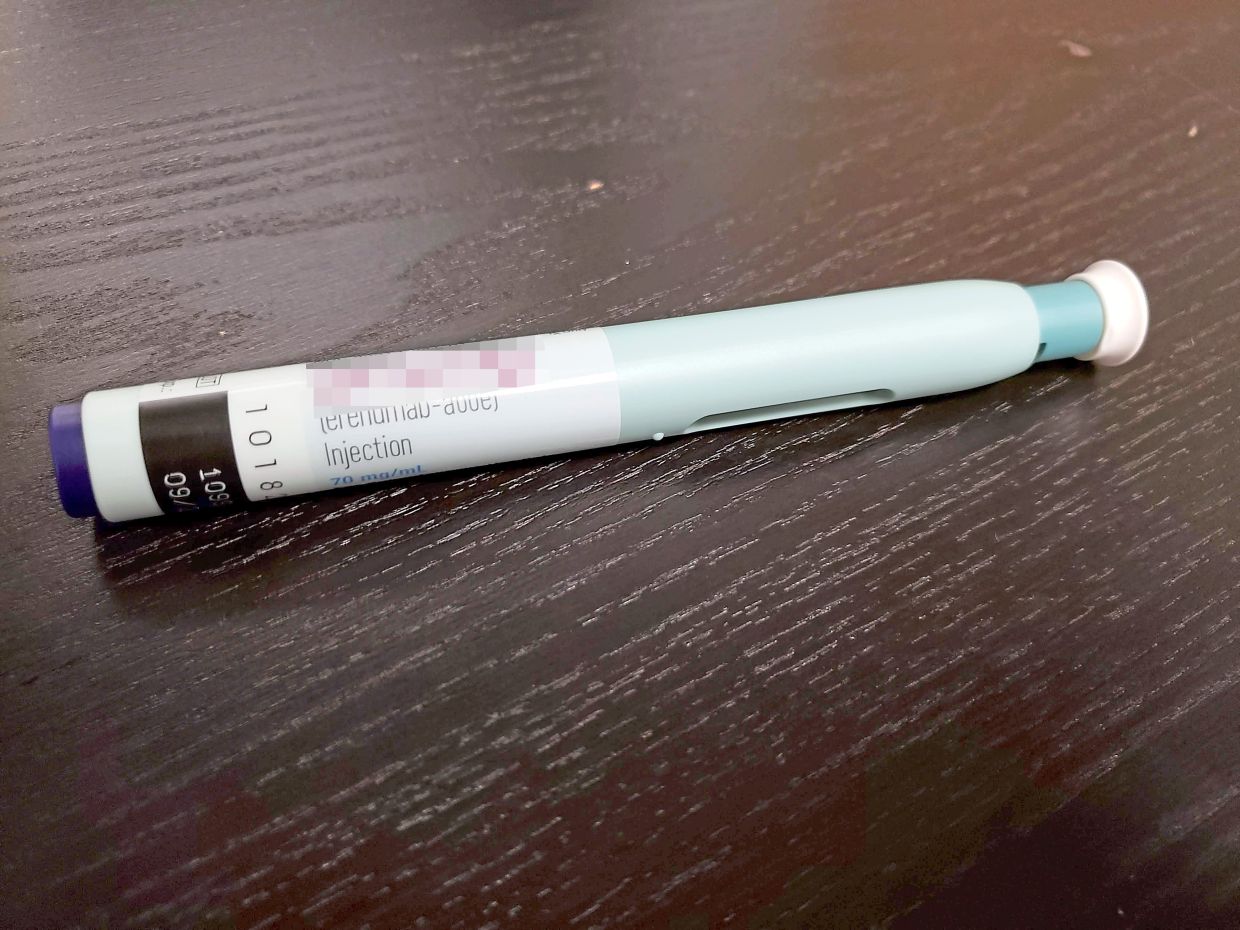 Erenumab is a once-monthly, self-administered injectable medication prescribed to prevent migraines. — Wikimedia Commons