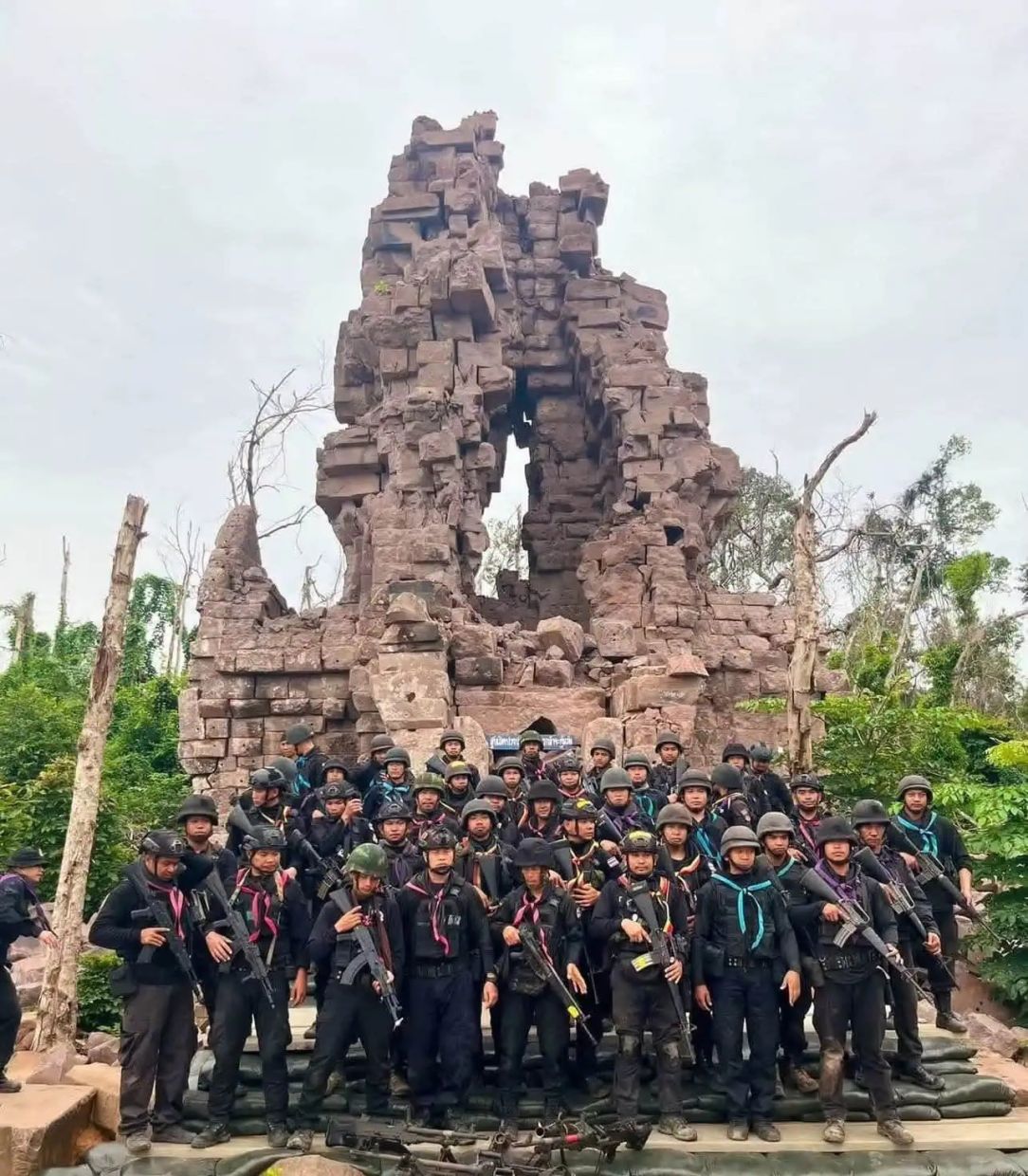 Thai troops pose for a photograph at the Ta Krabei temple, which they shelled and occupied late last year. - Photo: Thai media