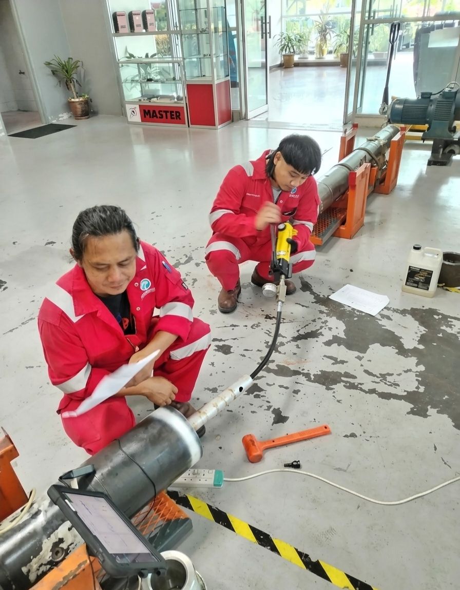 Turbowolf drilling engineers performing operational checks in a drilling tool (Intelligent Circulation while Drilling, iCWD).