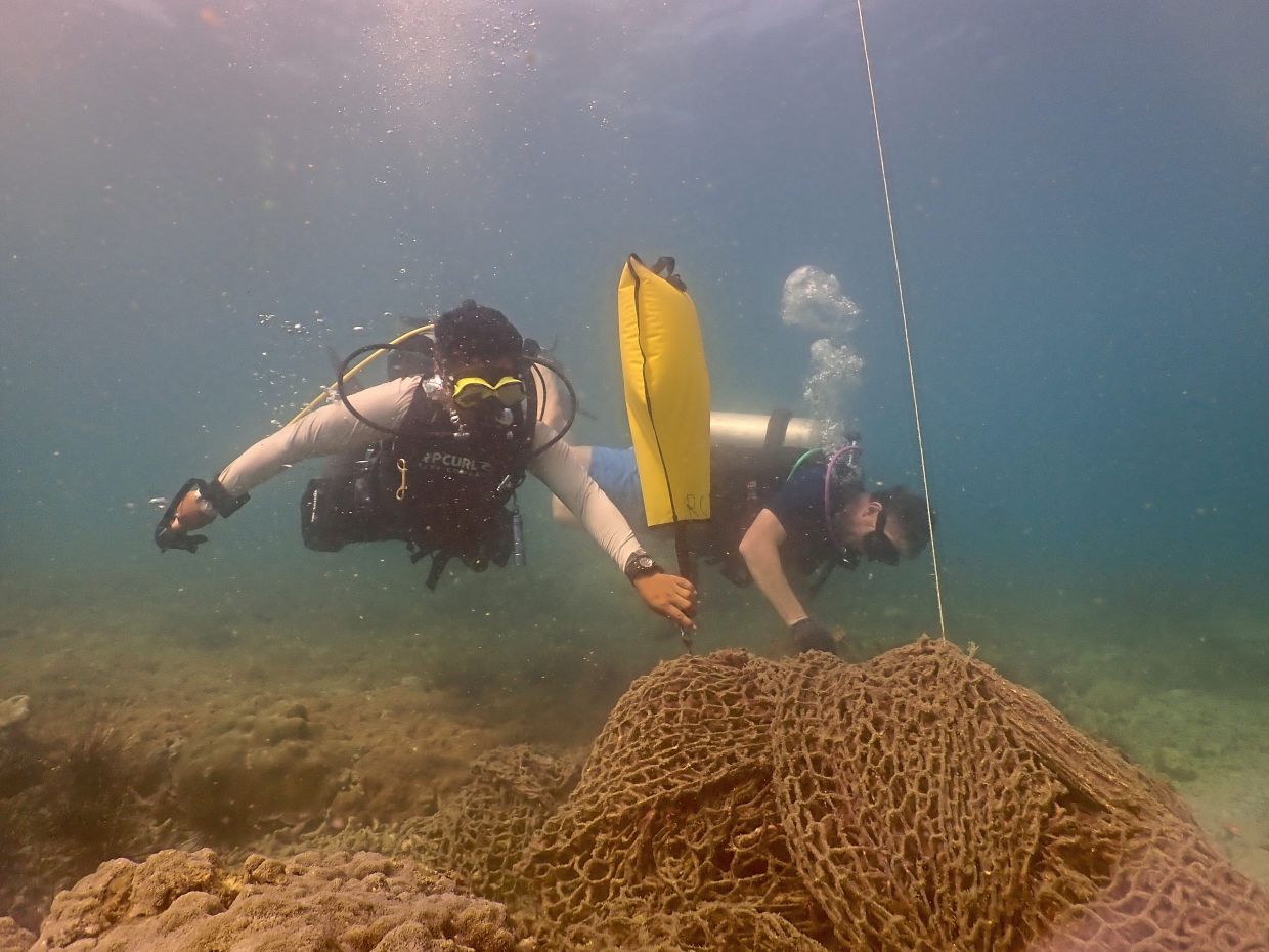 Divers remove about 290kg of ghost nets during the cleanup at Seri Buat Island. 