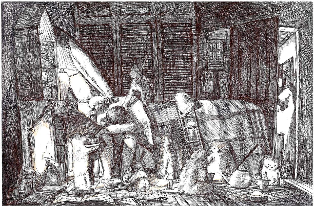 This drawing by Lim depicts a child seeking solace in his toys amid the turmoil of a troubled family life. — Handout 