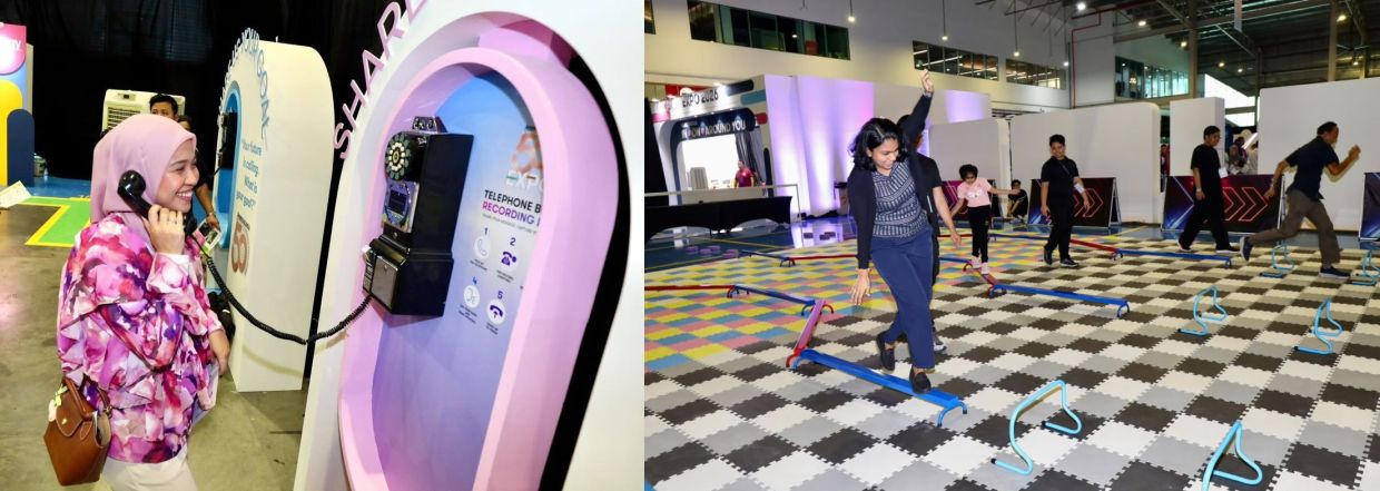 Interactive fun: Visitors trying out the telephone booth recording activity (left) while others participate in the Obstacle Challenge (right) at the Interactive Zone during the AM50 celebration at the Amway headquarters in Petaling Jaya.