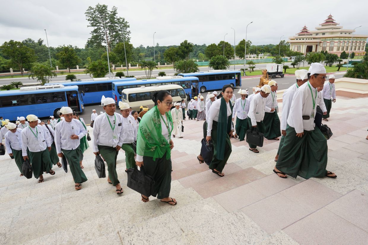 Myanmar's lawmakers arriving to attend a regular session of the Union Parliament in Naypyidaw, Myanmar, on July 31, 2026. - AP
