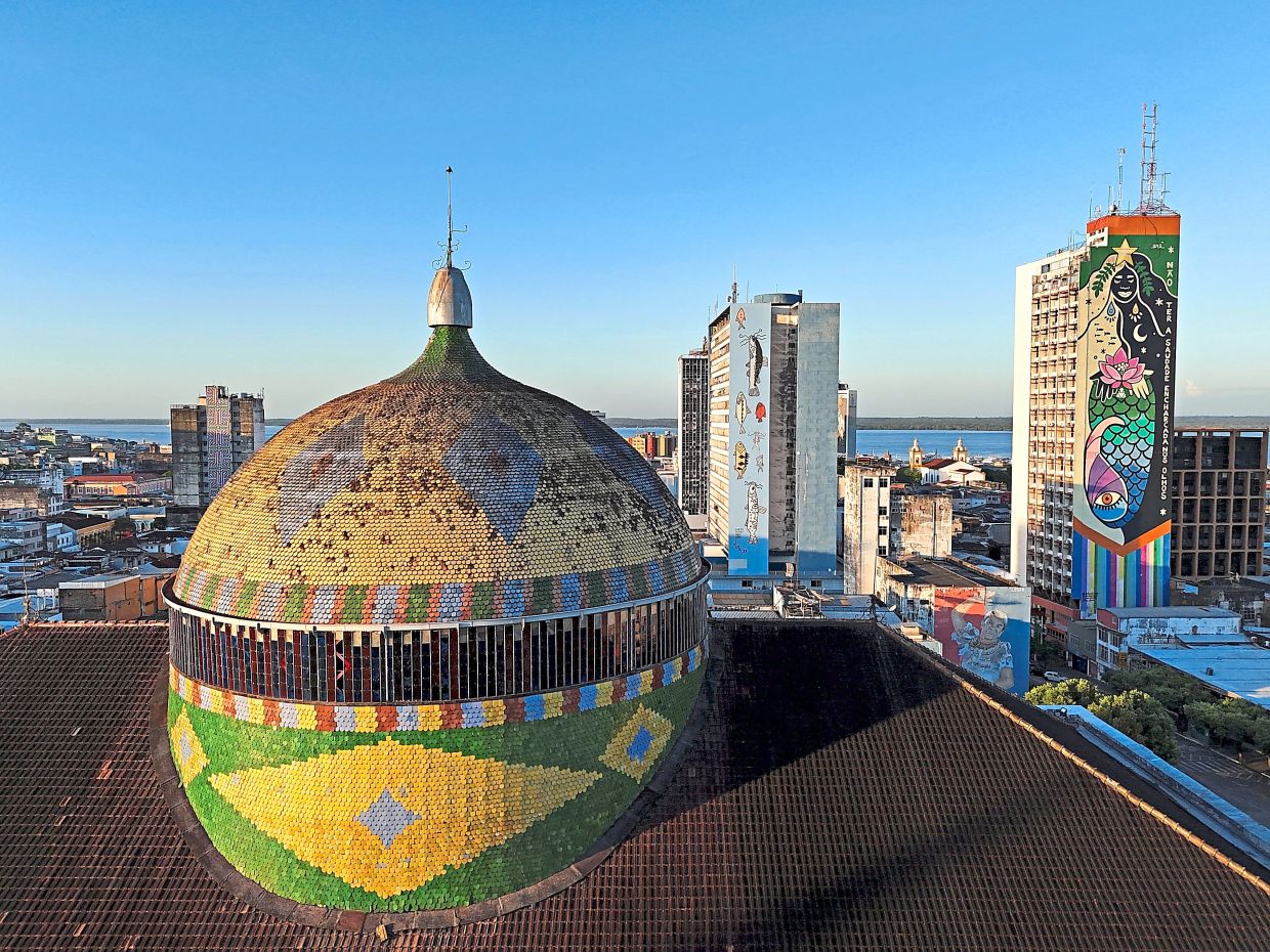 A drone view of Teatro Amazonas, inaugurated in 1896 during the rubber boom in Manaus. Photo: AP